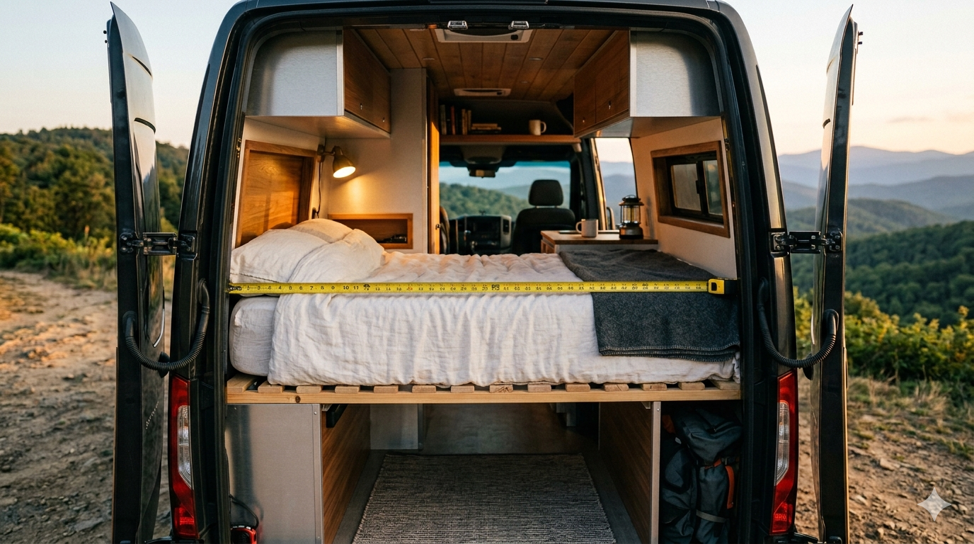 Tape measure stretched across a Sprinter camper van bed at sunset